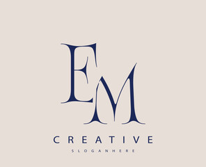Sophisticated and stylish letter logo design featuring the combination of the letters E and M in dark blue color scheme perfect for branding stationery website headers or social media graphics