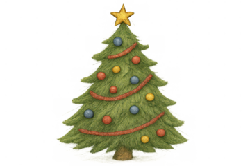 Christmas tree featuring a star, colorful baubles, and red garland creating a cheerful festive atmosphere for holiday designs