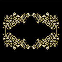 Beautiful frame with floral motifs. Folk style. Gold and white on black background.