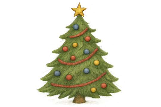 Christmas tree featuring a star, colorful baubles, and red garland creating a cheerful festive atmosphere for holiday designs