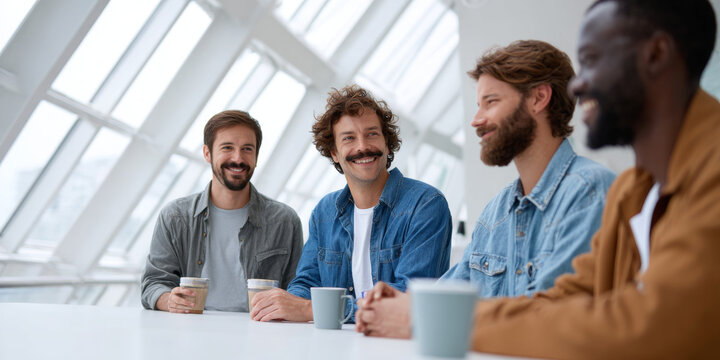 Group of four diverse men sitting at a table in a bright modern space enjoying coffee and smiling during a casual meeting or conversation