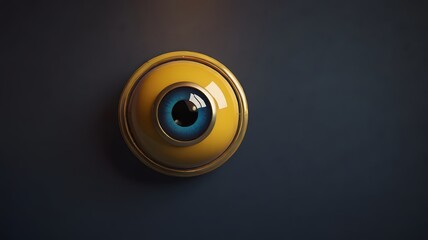 Close up of yellow door knob with blue eye front of it.