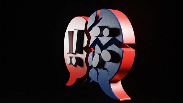 A red speech bubble with exclamation points next to a broken blue speech bubble on black background