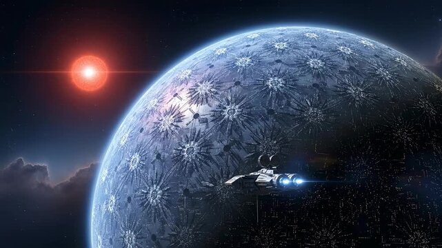 Futuristic Spaceship Approaching an Alien City Planet.
