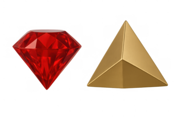 Red gemstone diamond and gold pyramid representing wealth, success, and luxury with a transparent background