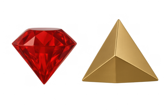 Red gemstone diamond and gold pyramid representing wealth, success, and luxury with a transparent background