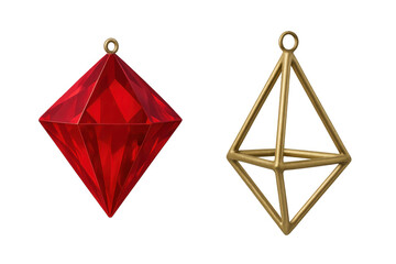Hanging christmas decorations with red geometric jewel ornament and golden wire frame on transparent background
