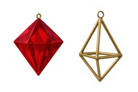 Hanging christmas decorations with red geometric jewel ornament and golden wire frame on transparent background - Powered by Adobe