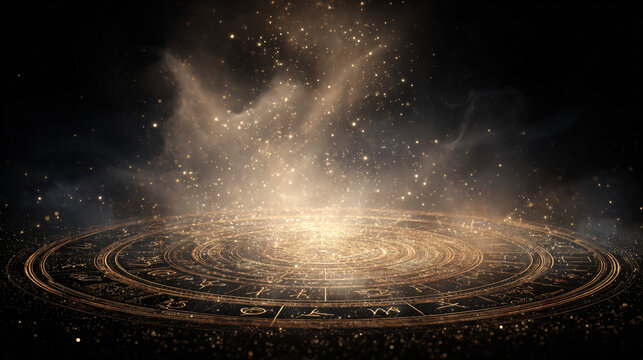 Mystical Glowing Zodiac Wheel: Astrology Chart Engraved on a Dark Stage Floor, Illuminated by Light Burst and Dust Particles, Representing Destiny, Fortune Telling, Spiritual Guidance, Cosmic Energy