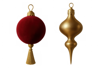 Christmas ornaments featuring luxurious red velvet ball with gold tassel and elegant gold teardrop shape