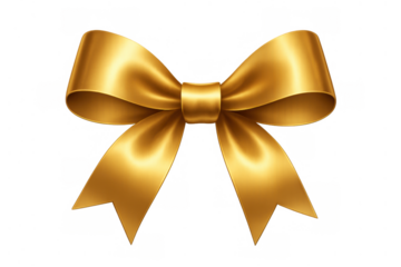 Gold ribbon bow with a satin texture, forming a decorative element for gifts and festive events, presented on a transparent background