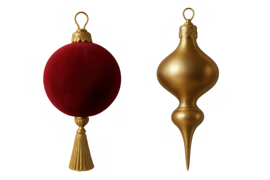 Christmas ornaments featuring luxurious red velvet ball with gold tassel and elegant gold teardrop shape
