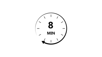 Clock icon 8 minute black color 4k illustration. Stopwatch in flat style 8 minute on white background.