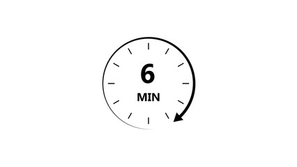Clock icon 6 minute black color 4k illustration. Stopwatch in flat style 6 minute on white background.