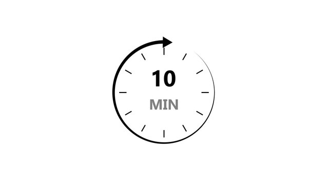 Clock icon 10 minute black color 4k illustration. Stopwatch in flat style 10 minute on white background.