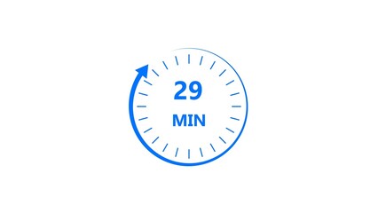 Clock icon 29 minute royal blue color 4k illustration. Stopwatch in flat style 29 minute on white background. 