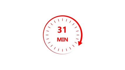 Clock icon 31 minute red color 4k illustration. Stopwatch in flat style 31 minute on white background.