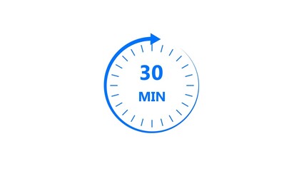 Clock icon 30 minute royal blue color 4k illustration. Stopwatch in flat style 30 minute on white background. 
