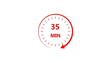 Clock icon 35 minute red color 4k illustration. Stopwatch in flat style 35 minute on white background.