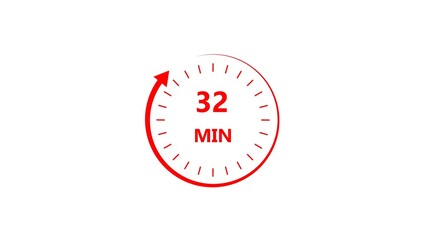 Clock icon 32 minute red color 4k illustration. Stopwatch in flat style 32 minute on white background.