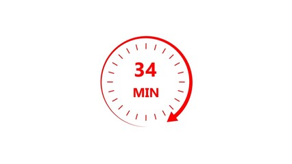 Clock icon 34 minute red color 4k illustration. Stopwatch in flat style 34 minute on white background.