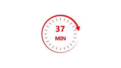 Clock icon 37 minute red color 4k illustration. Stopwatch in flat style 37 minute on white background.