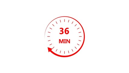 Clock icon 36 minute red color 4k illustration. Stopwatch in flat style 36 minute on white background.