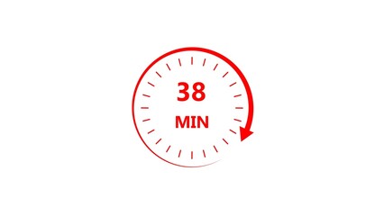 Clock icon 38 minute red color 4k illustration. Stopwatch in flat style 38 minute on white background.