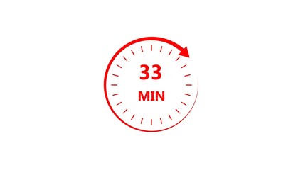 Clock icon 33 minute red color 4k illustration. Stopwatch in flat style 33 minute on white background.