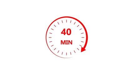 Clock icon 40 minute red color 4k illustration. Stopwatch in flat style 40 minute on white background.