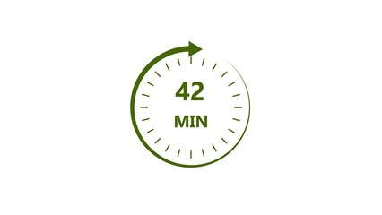 Clock icon 42 minute lime green color 4k illustration. Stopwatch in flat style 42 minute on white background. 