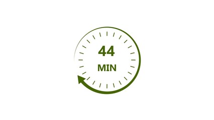 Clock icon 44 minute lime green color 4k illustration. Stopwatch in flat style 44 minute on white background. 