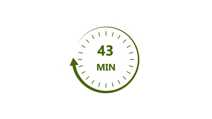 Clock icon 43 minute lime green color 4k illustration. Stopwatch in flat style 43 minute on white background. 