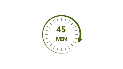 Clock icon 45 minute lime green color 4k illustration. Stopwatch in flat style 45 minute on white background. 