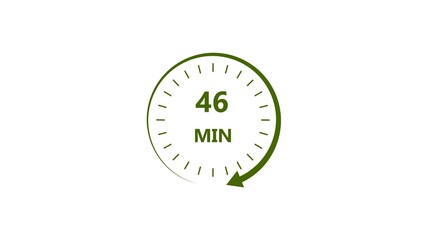 Clock icon 46 minute lime green color 4k illustration. Stopwatch in flat style 46 minute on white background. 