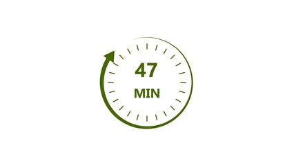 Clock icon 47 minute lime green color 4k illustration. Stopwatch in flat style 47 minute on white background. 