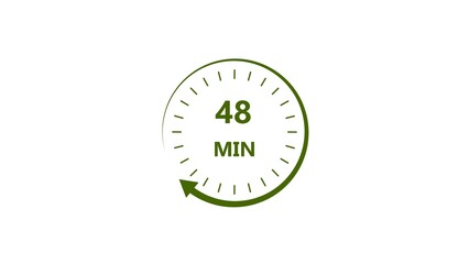 Clock icon 48 minute lime green color 4k illustration. Stopwatch in flat style 48 minute on white background. 