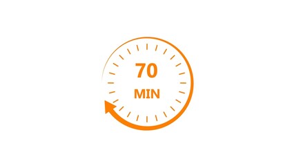Clock icon 70 minute orange color 4k illustration. Stopwatch in flat style 70 minute on white background.