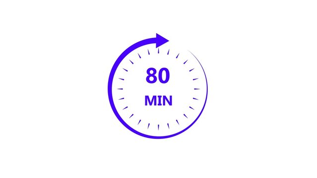 Clock icon 80 minute purple color animation. Stopwatch in flat style 80 minute on white background.