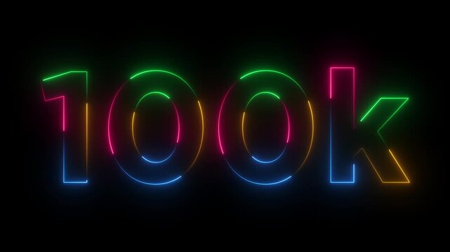 Abstract glowing neon light 100K letter animation.100K followers or subscribers.Thank you followers congratulation.100K subscribers modern animation banner design.