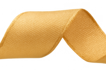 Yellow textured fabric ribbon flowing dynamically, creating an elegant wavy shape. Isolated path on transparent background