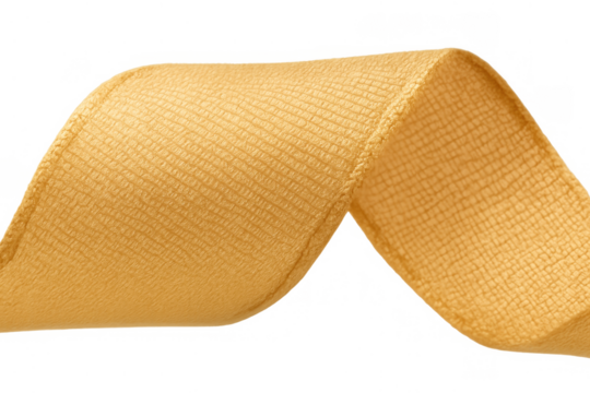 Yellow textured fabric ribbon flowing dynamically, creating an elegant wavy shape. Isolated path on transparent background