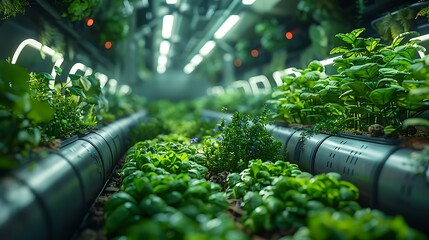 Explore the future of farming with vibrant greenery thriving in a modern indoor hydroponic system for sustainable agriculture