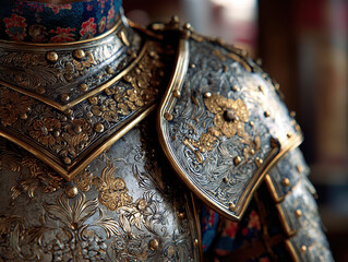 Fototapeta premium Intricate ancient armor showcasing detailed engravings and ornate designs reflecting a rich cultural heritage and craftsmanship, highlighting the beauty of historical artifacts.