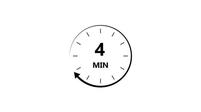 Clock icon 4 minute black color animation. Stopwatch in flat style 4 minute on white background.