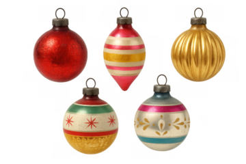 Vintage christmas ornaments collection transparent background. Retro glass holiday baubles for festive seasonal decoration