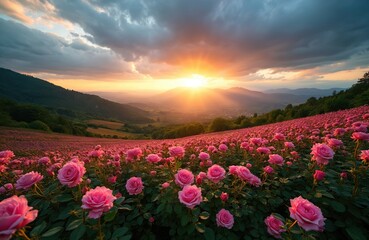 Obraz premium Vast rose field blooms during golden hour. Pink flowers cover hills, mountain range appears on skyline. Agriculture landscape at sunset for aroma, perfume production and cosmetic industry.