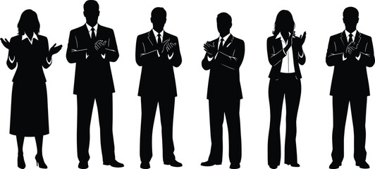 Business people clapping, corporate applause, silhouette team celebration, professional recognition, success concept, formal attire, teamwork, unity, support, motivation