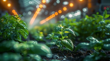Vibrant green basil plants thrive under warm glowing lights in a modern indoor farm environment