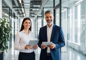 Diverse Business Colleagues With Tablets In Modern Office Hallway woman